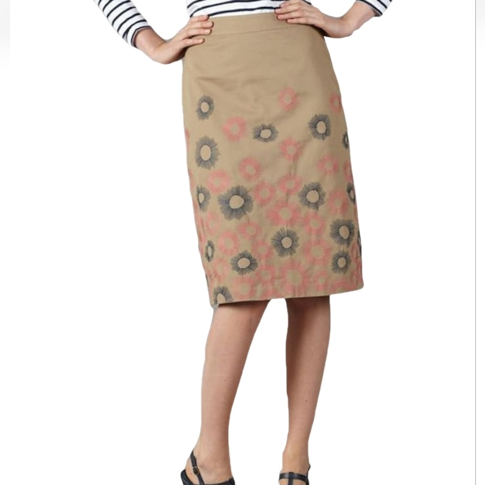 BODEN Sun Burst Embroidered Floral Tan Pink Blue Gray A-Line Lined Midi Skirt